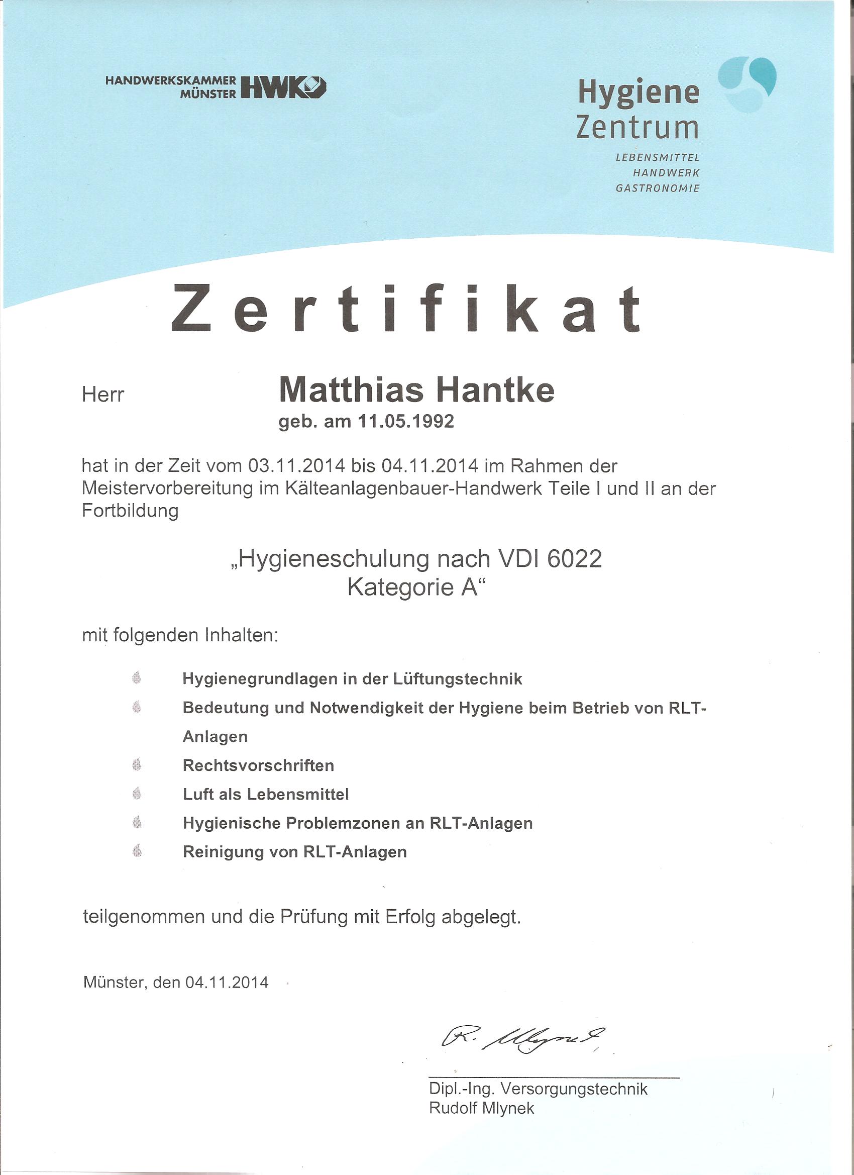 Hygieneschulung Zertifikat KKT Hantke