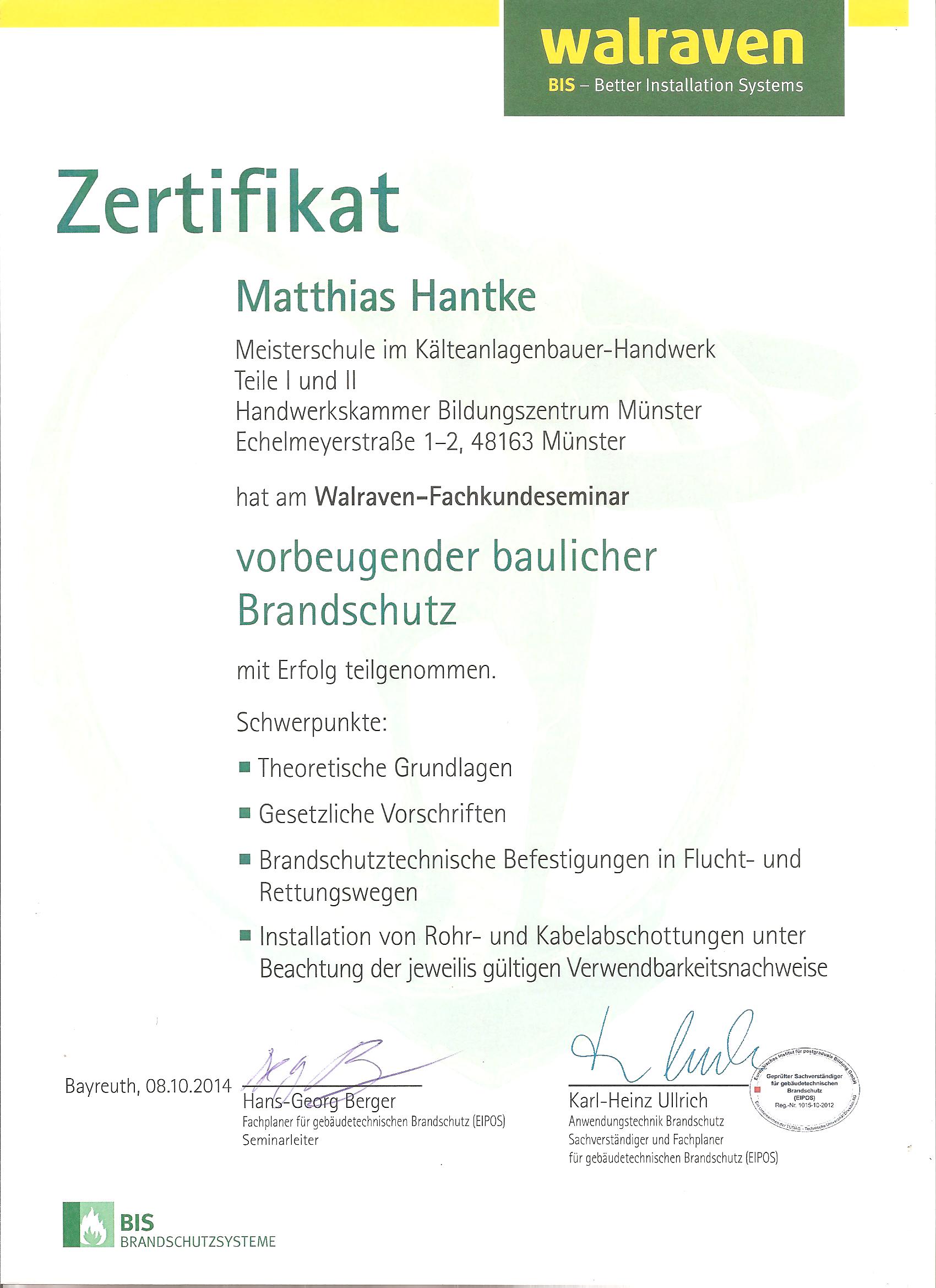 Baulicher Brandschutz Zertifikat KKT Hantke